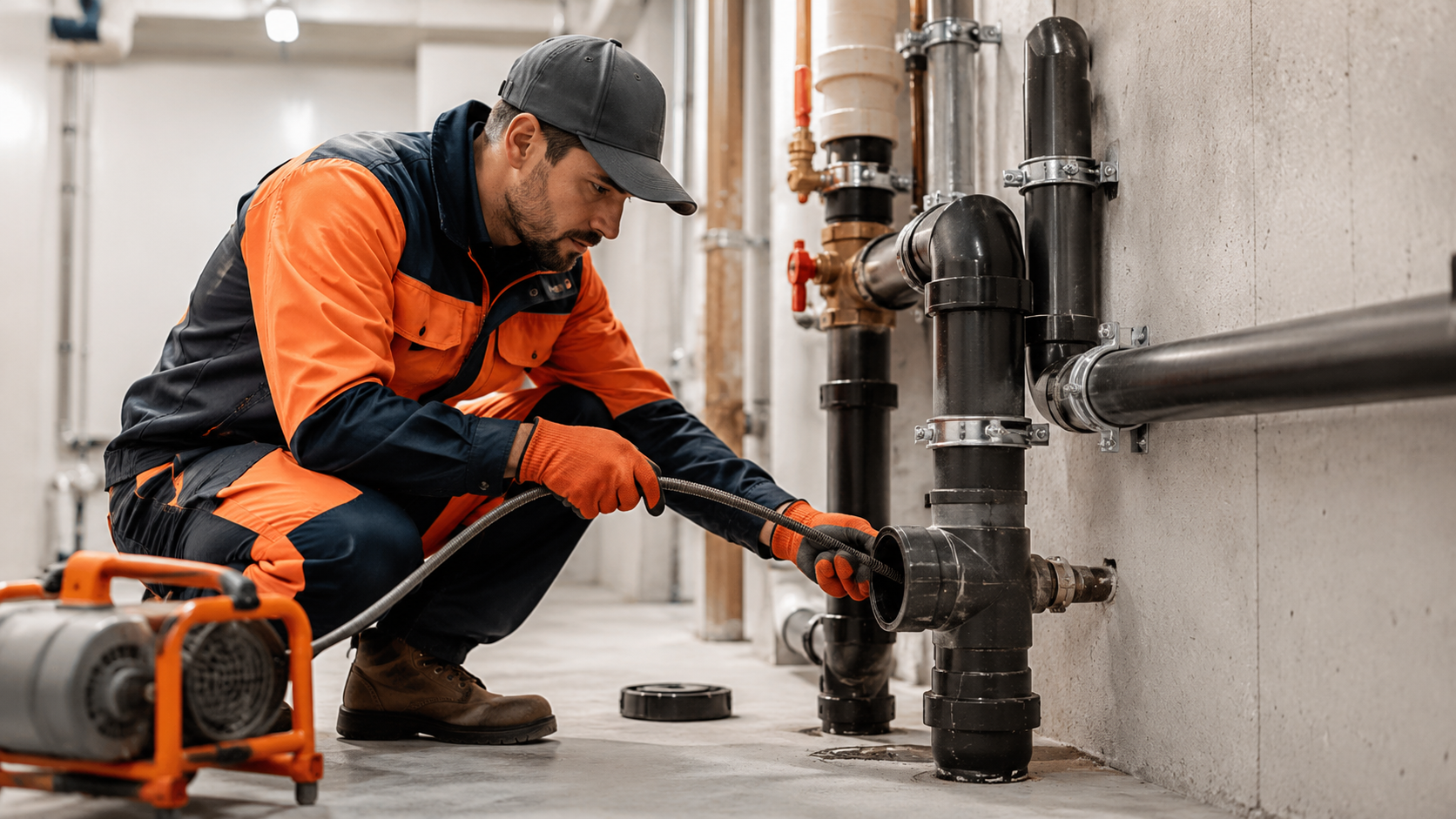 Technician servicing plumbing equipment